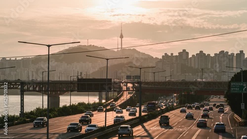 daytime 4k timelapse in summer Seoul, South Korea, Namsan Tower, Dongho Bridge, and Han River cityscape
