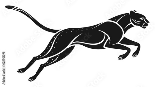 Black panther leaping forward with decorative spots and stripes in a stylized design view