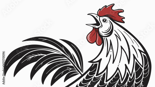 Illustration of a rooster crowing with red comb and wattle and black and white feather details