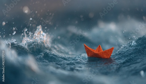 Small orange paper boat on turbulent water