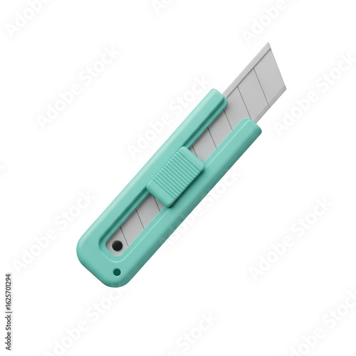 3d icon of turquoise utility knife with a sharp blade isolated on transparent background