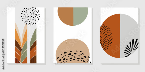 Abstract mid century modern art trio with organic shapes and textures