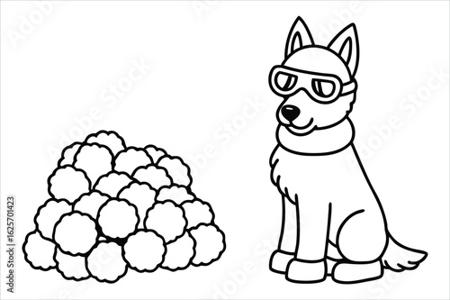Cute cartoon dog wearing goggles and scarf sitting next to pile of snowballs