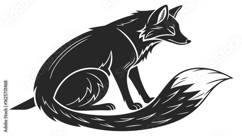 Stylized black fox sitting with a bushy tail and pointed ears in a simple monochrome illustration