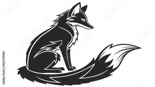 Stylized black fox sitting with a large fluffy tail and pointed ears in a simple vector art style