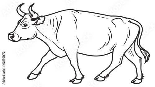 Illustration of a walking bull with horns and a tail in black outline on a white background design
