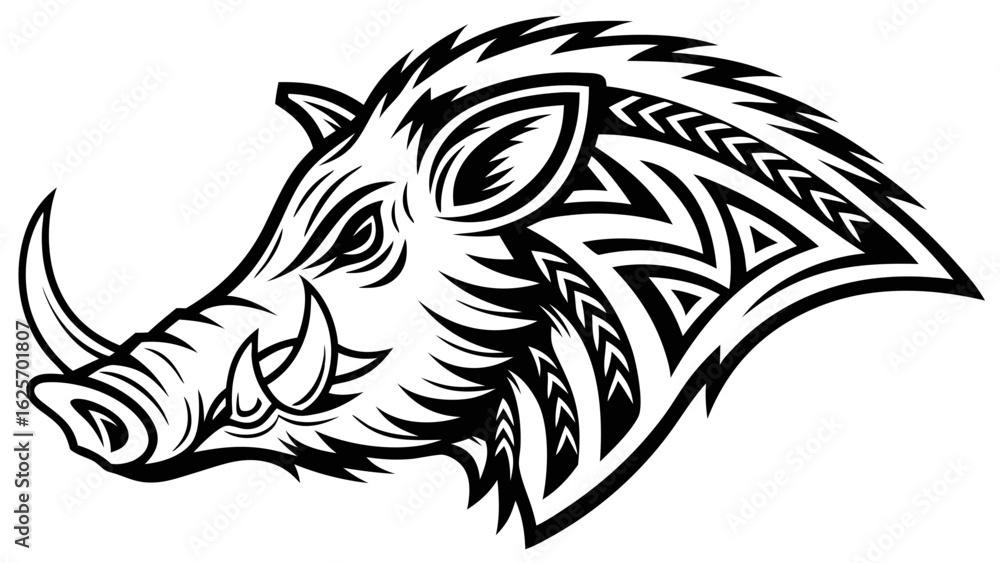 Obraz premium Illustration of a black and white boar head with tribal patterns and sharp tusks in detailed design