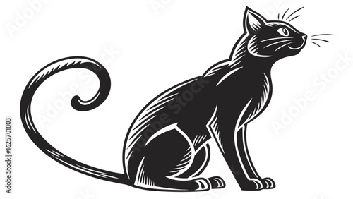 Illustration of a stylized black cat sitting with a curled tail and whiskers looking to the right