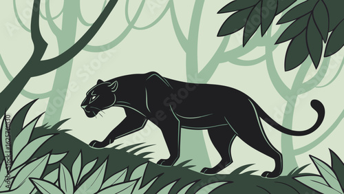 Black panther walking through the jungle with trees and leaves in a stylized illustration