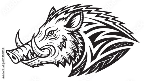 Illustration of a stylized boar head with tusks and tribal design elements in black and white