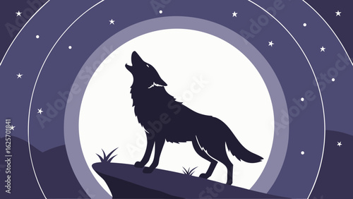 Silhouette of a wolf howling at the moon on a rock with stars and mountain landscape in the background