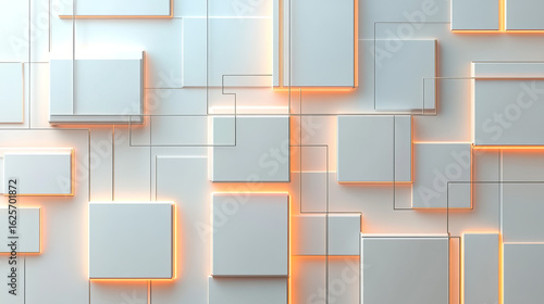 Abstract geometric pattern of interconnected white squares with subtle orange highlights