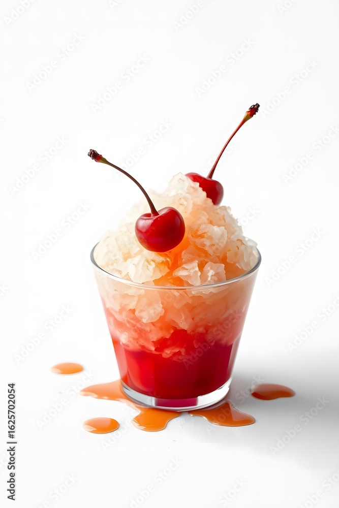 A glass of refreshing cherry shaved ice dessert with red syrup, isolated on a clean white background A glass of refreshing cherry shaved ice dessert with red syrup, isolated on a clean white background