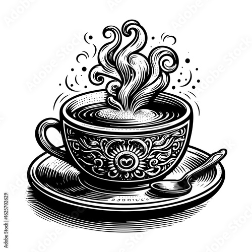 hot coffee cup engraving black and white outline. Scratch board imitation.  illustrated in vintage line art style on a white background.