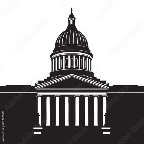 Black and White Silhouette Illustration of a Classic Government Building or Capitol Architecture with Dome