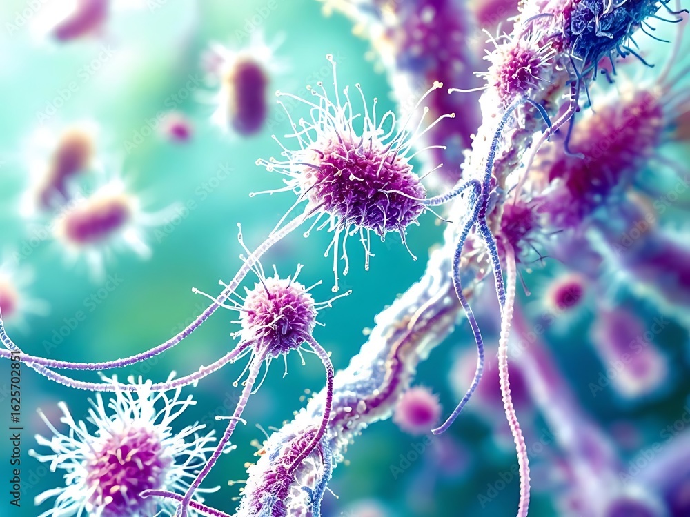 Obraz premium Microscopic scene showing moving microorganisms with visible cilia. Great for scientific posters, research articles, or educational biology tools