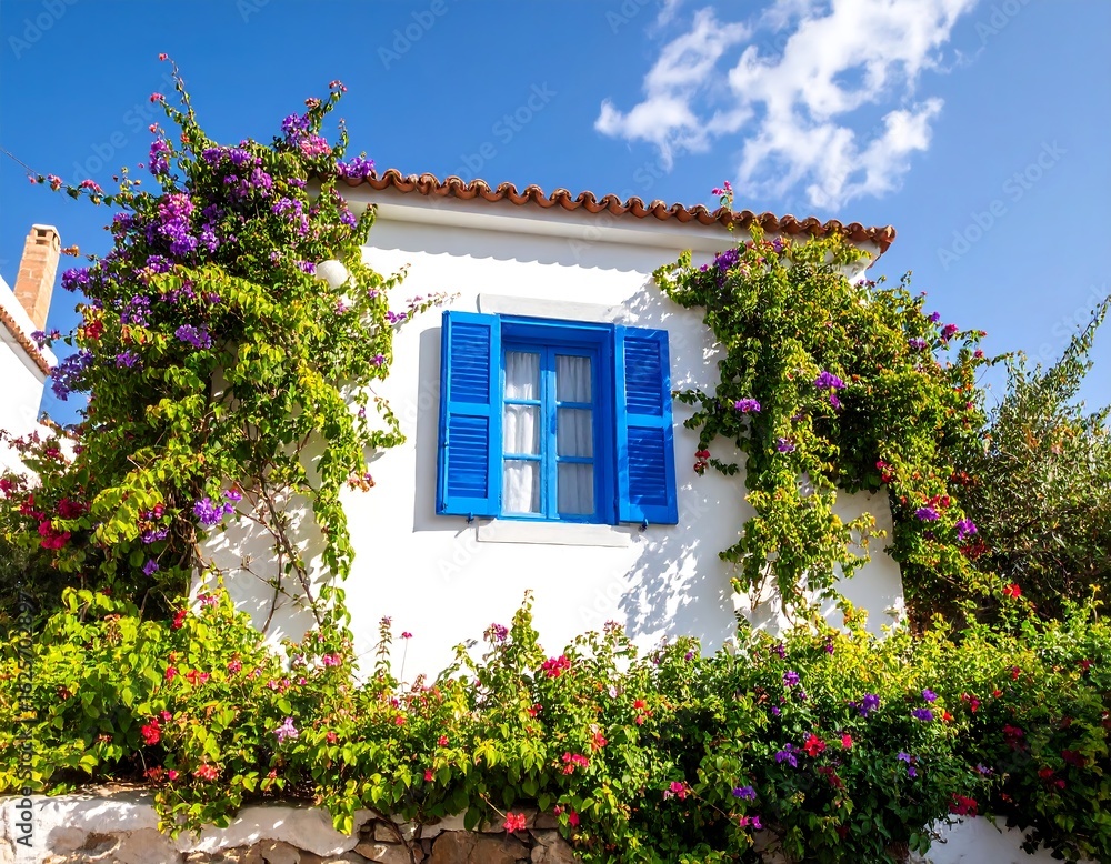 Obraz premium Blue Window with White House, and Flowers.