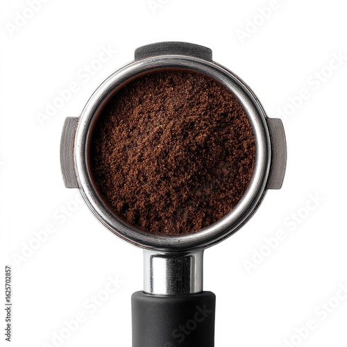 Metal coffee tamper filled with ground coffee beans