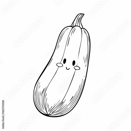 Adorable zucchini with a charming smile, a delightful veggie character in black and white outline