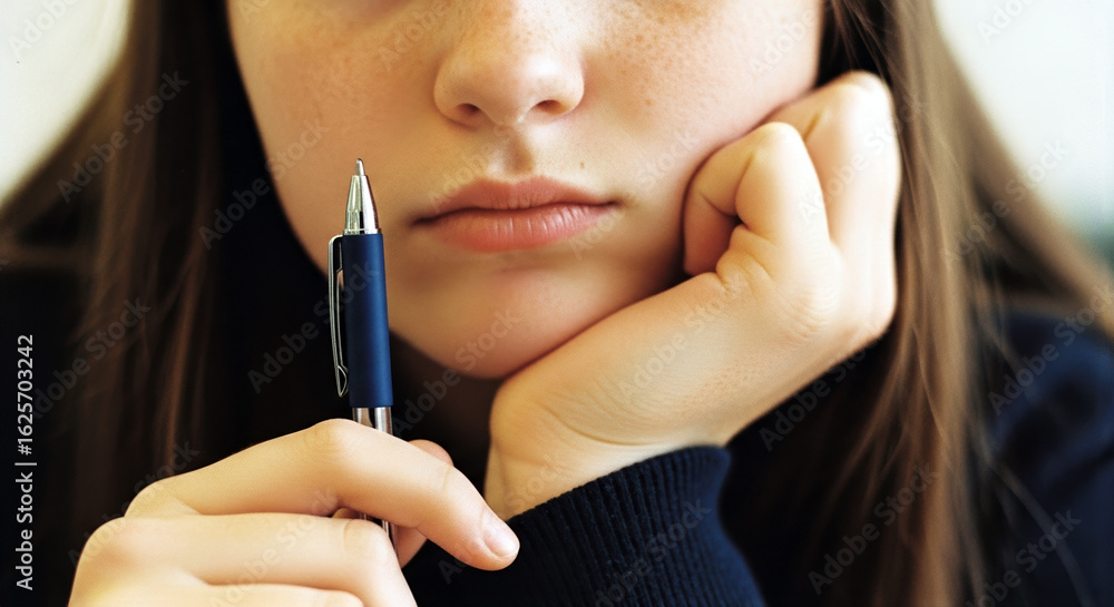 Obraz premium Close-up of bored teen girl student holding pen with blank expression, symbolizing exam pressure, lack of motivation, mental health, and youth disconnection