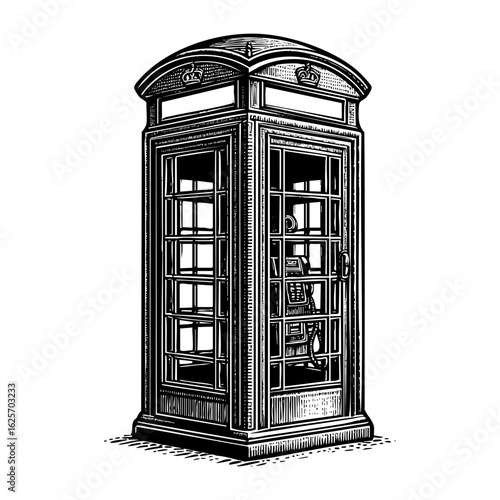 retro phone box in Black and White Engraving Art isolated on transparent background