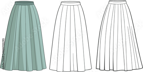 Pleated skirt fashion illustration, teal colored and black outline views, vertical pleat detail, waistband design sketch, clothing template drawing, apparel vector layout.