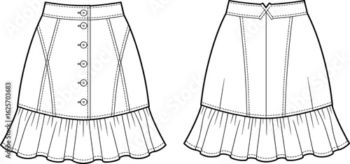 High waist skirt sketch front back, ruffled hemline detail, button closure crisscross stitching, fashion illustration, garment layout template, vector clothing drawing.