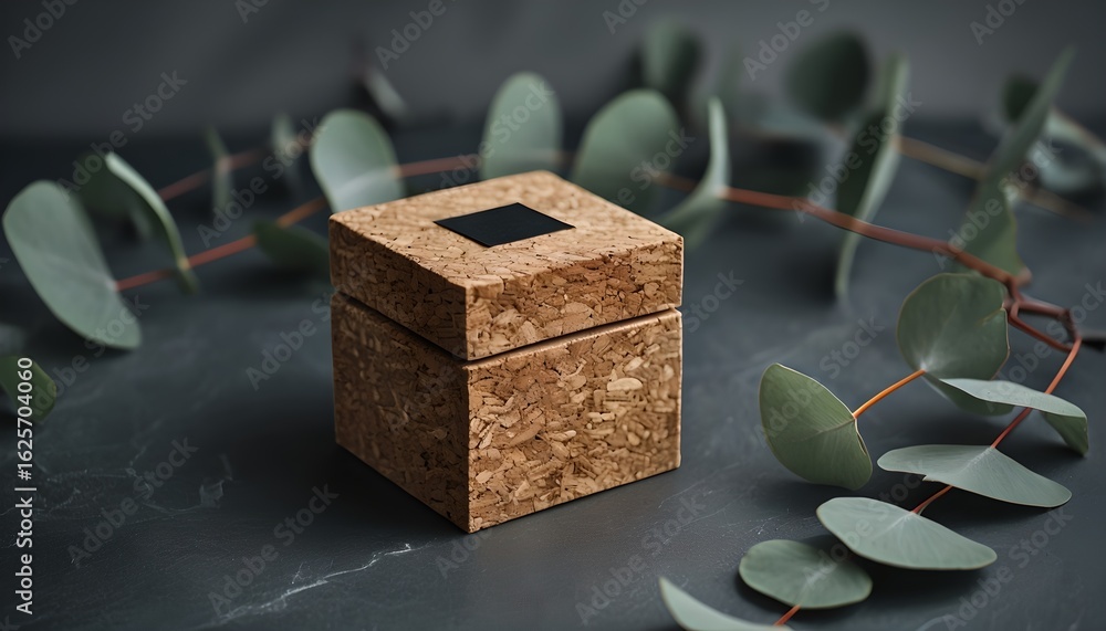 Fototapeta premium Cork Gift Box with Black Insert on Dark Fabric with Eucalyptus