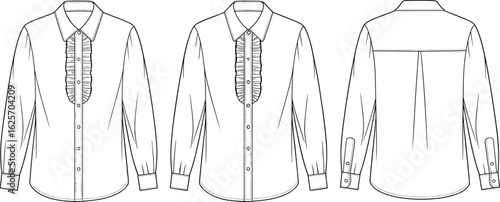 Ruffle placket shirt front back side views, long sleeve button cuff design, standard collar sketch, center pleat detail, apparel mockup vector illustration template.