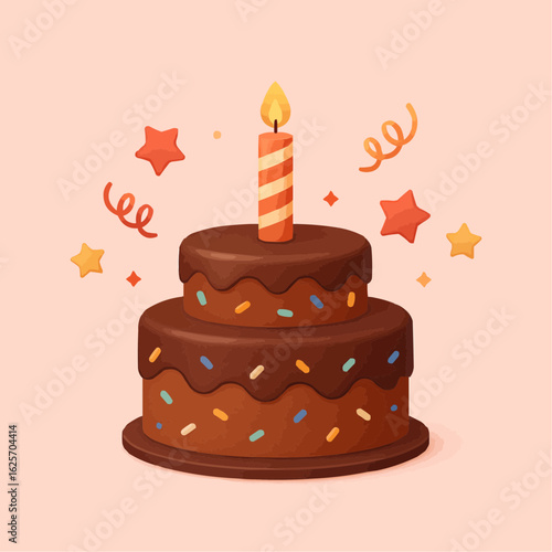 3d cake render with candle, popper serpentine, stars. stock