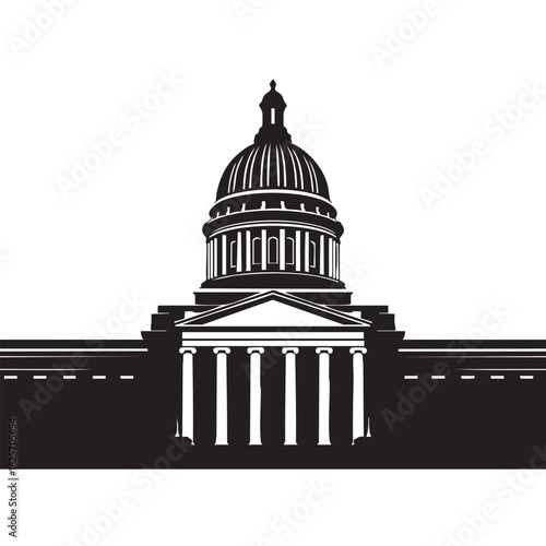 Silhouette of a Capitol Building with Prominent Dome and Greek Columns against a White Background Represents American Government and Architecture