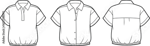 Short-sleeved shirt views, zipper and button closure styles, elastic waistband detail, fashion sketch, collar design, technical apparel mockup, garment template illustration.
