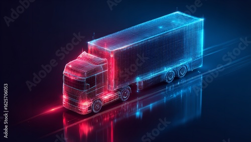 Isometric 3D Illustration of Red Digital Truck on Blue Grid Background, Symbolizing Data Technology and Logistics Innovation for Online Banners