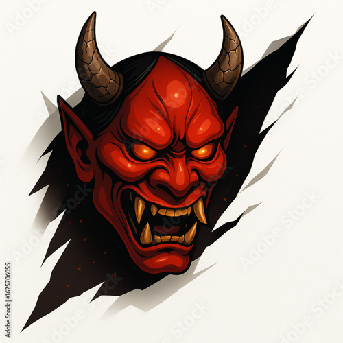 Halloween Japanese Oni Demon Mask Vector Illustration with Torn Paper Effect