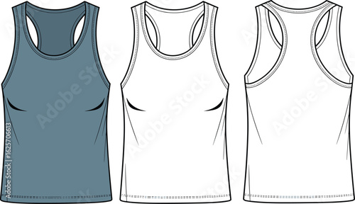 Racerback tank top front back views, blue clothing sketch, athletic style illustration, stitching detail, fashion template, vector mockup, apparel design layout.