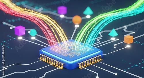 Colorful Data Flow Abstract CPU Chip with Vibrant Digital Connections.