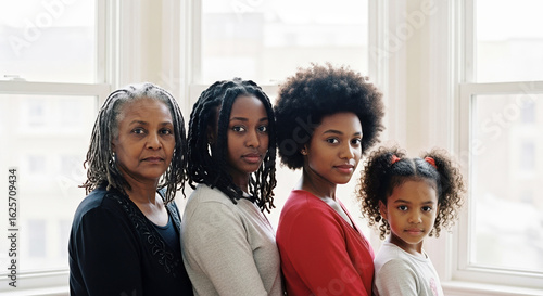 Family of black women standing together at home, mother and kids, symbolizing family unity, cultural strength, motherhood, and intergenerational love