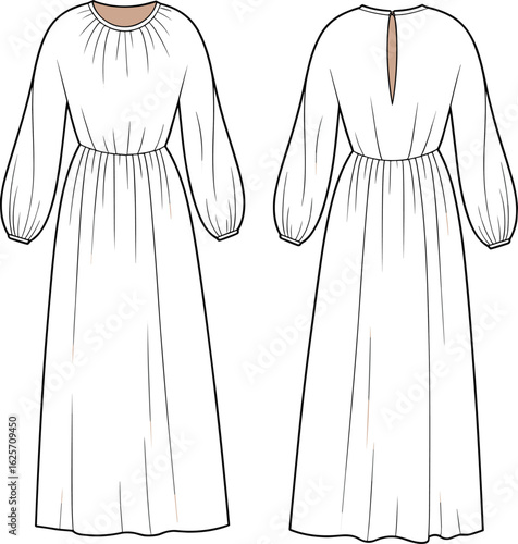 Long sleeve gathered waist maxi dress CAD sketch, front and back view flat technical fashion vector illustration for design template