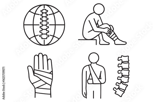 Illustration of spine injuries and trauma recovery showing hand and body injuries, rehabilitation, and treatments chiropractor health therapies treatment