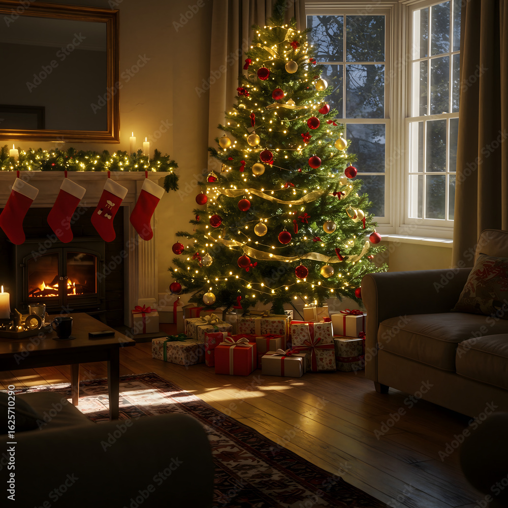 Fototapeta premium Cozy Christmas Living Room with Decorated Tree and Fireplace: Photorealistic 8K Image