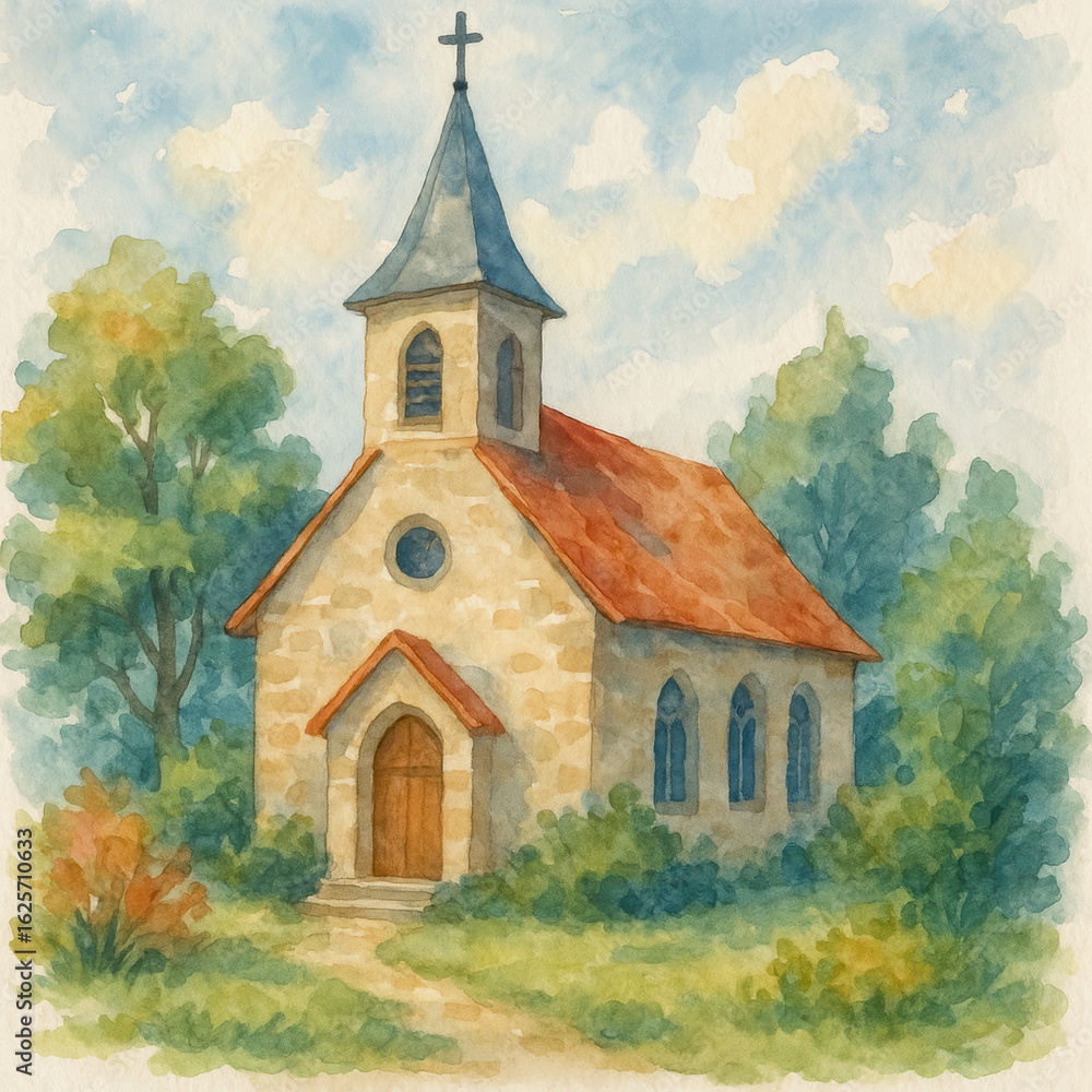 Charming watercolor church captures peaceful faith with beautiful architecture and nature Charming watercolor church captures peaceful faith with beautiful architecture and nature