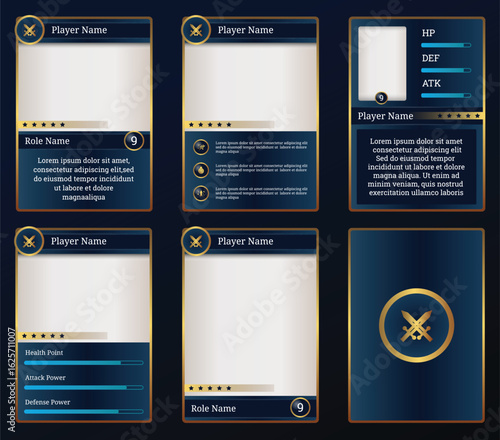 Customizable game card templates featuring gold and blue design. Perfect for fantasy RPGs and collectible trading card games, with adaptable UI elements for player stats