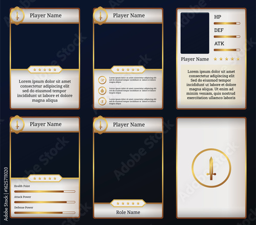 Customizable game card templates featuring gold and white design. Perfect for fantasy RPGs and collectible trading card games, with adaptable UI elements for player stats