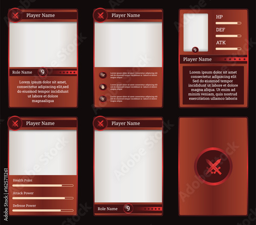 Customizable game card templates featuring red design. Perfect for fantasy RPGs and collectible trading card games, with adaptable UI elements for player stats