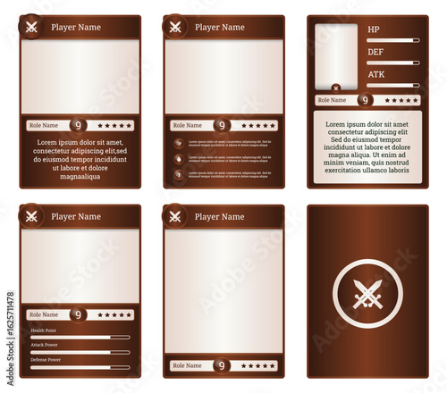 Customizable game card templates featuring white and brown design. Perfect for fantasy RPGs and collectible trading card games, with adaptable UI elements for player stats
