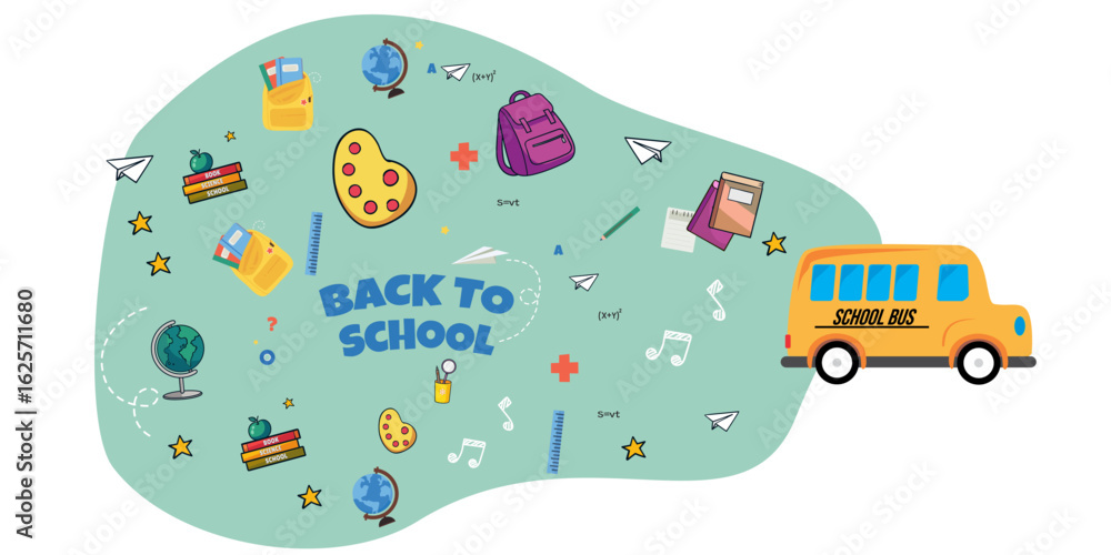 Naklejka premium School bus, back to school concept illustration with icons of supplies and books