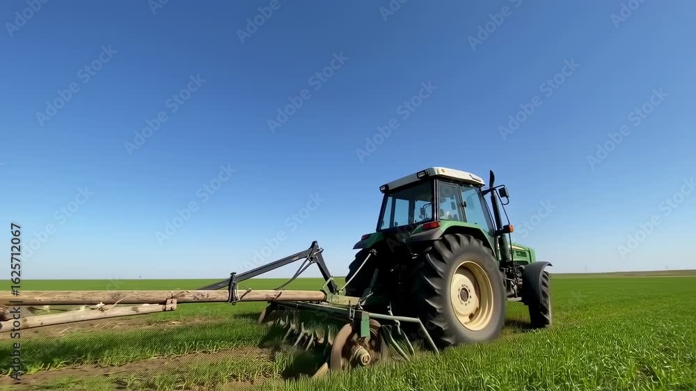 Agricultural tractor harrowing a green field under a bright blue sky on sunny day Agricultural tractor harrowing a green field under a bright blue sky on sunny day