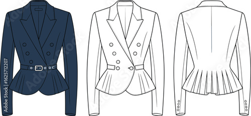 Elegant double-breasted blazer fashion sketch, women's tailored jacket with belt, cad drawing flat vector template, garment design layout