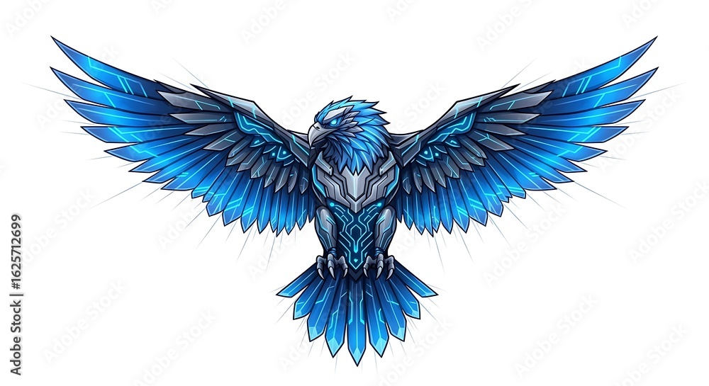 Fototapeta premium Striking Blue Eagle with Cybernetic Design Isolated on White Background