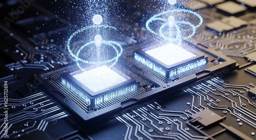 Dual Processors Unleashing Luminous Data Streams on a Futuristic Circuit Board.